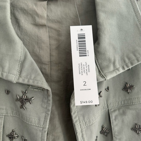 NEW! Chico’s Beaded Utility Jacket LS Jacket Vintage Sage NWT - Picture 7 of 10